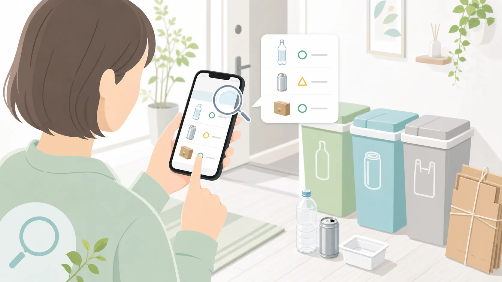 スマートフォンでごみ分別情報を確認し、資源物を整理するイメージ